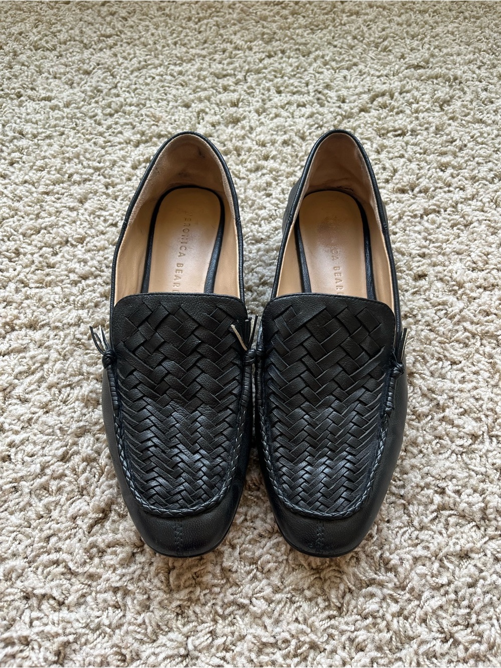 Black Veronica Beard loafers with woven detail